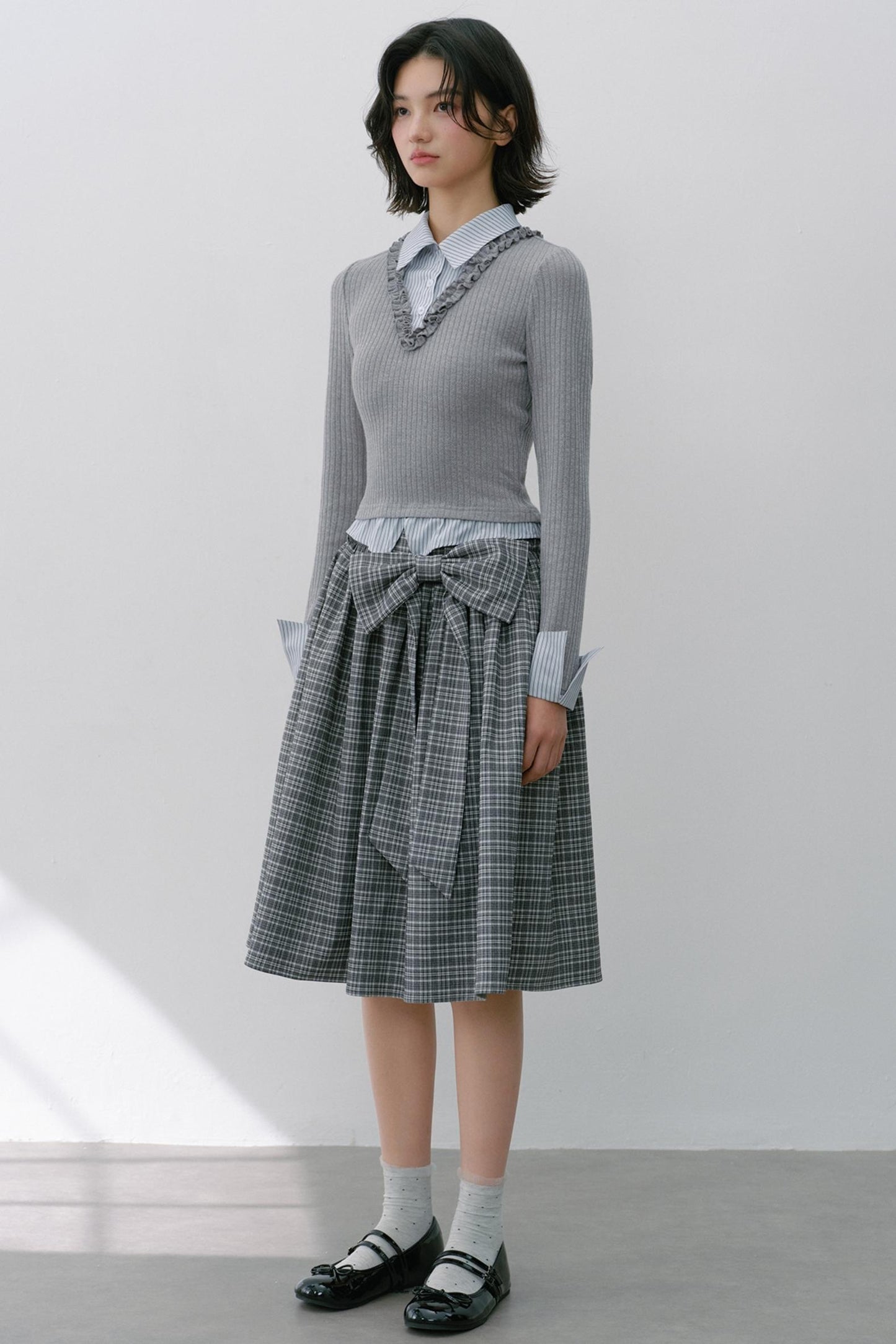 Gray Knit Patchwork Vertical Striped Fungus Edge Top