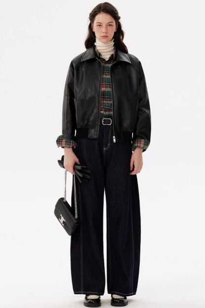 Black Lapel Short Leather Jacket