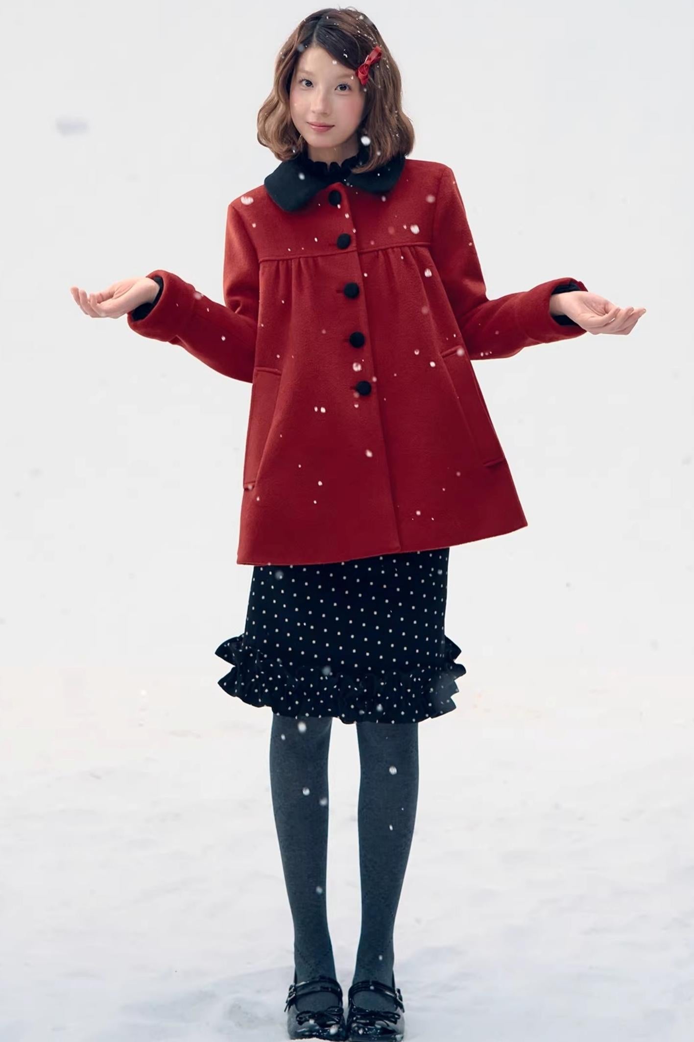 Red Woolen Doll Collar Coat