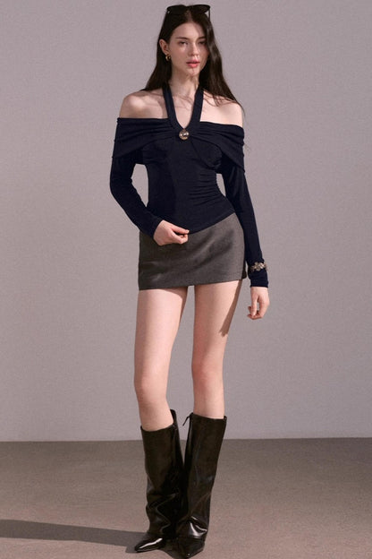 Sense Twisted Navy Halterneck Long Sleeve Top