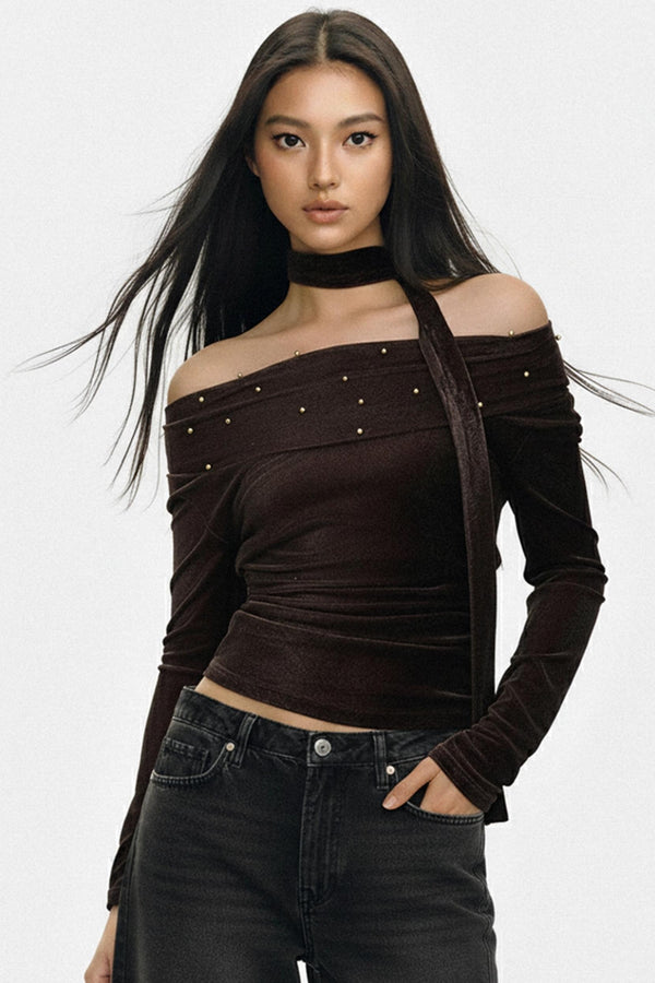 Brown Flocked Off-Shoulder Top