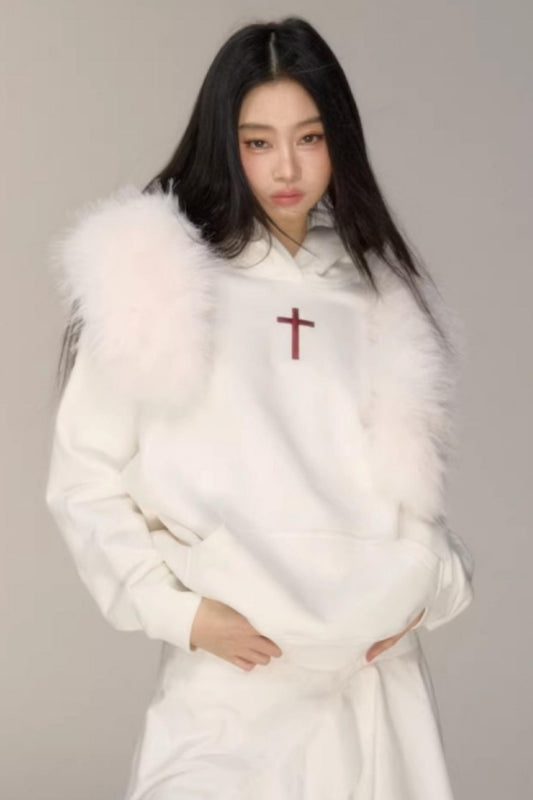 후드 라인스톤 플리스 탑