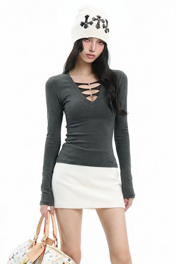 Gray V Neck Cut Out Top