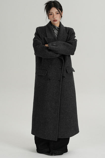 Long Double-Faced Tweed Wool Coat