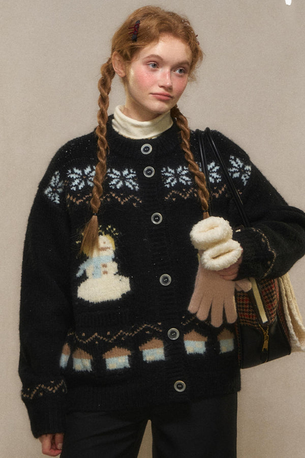 빈티지 눈사람 자카드 니트 가디건 