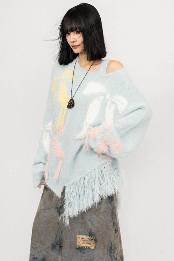 Off-The-Shoulder Fringed Knit Top