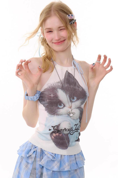 Summer Cat Knitted Halter Top