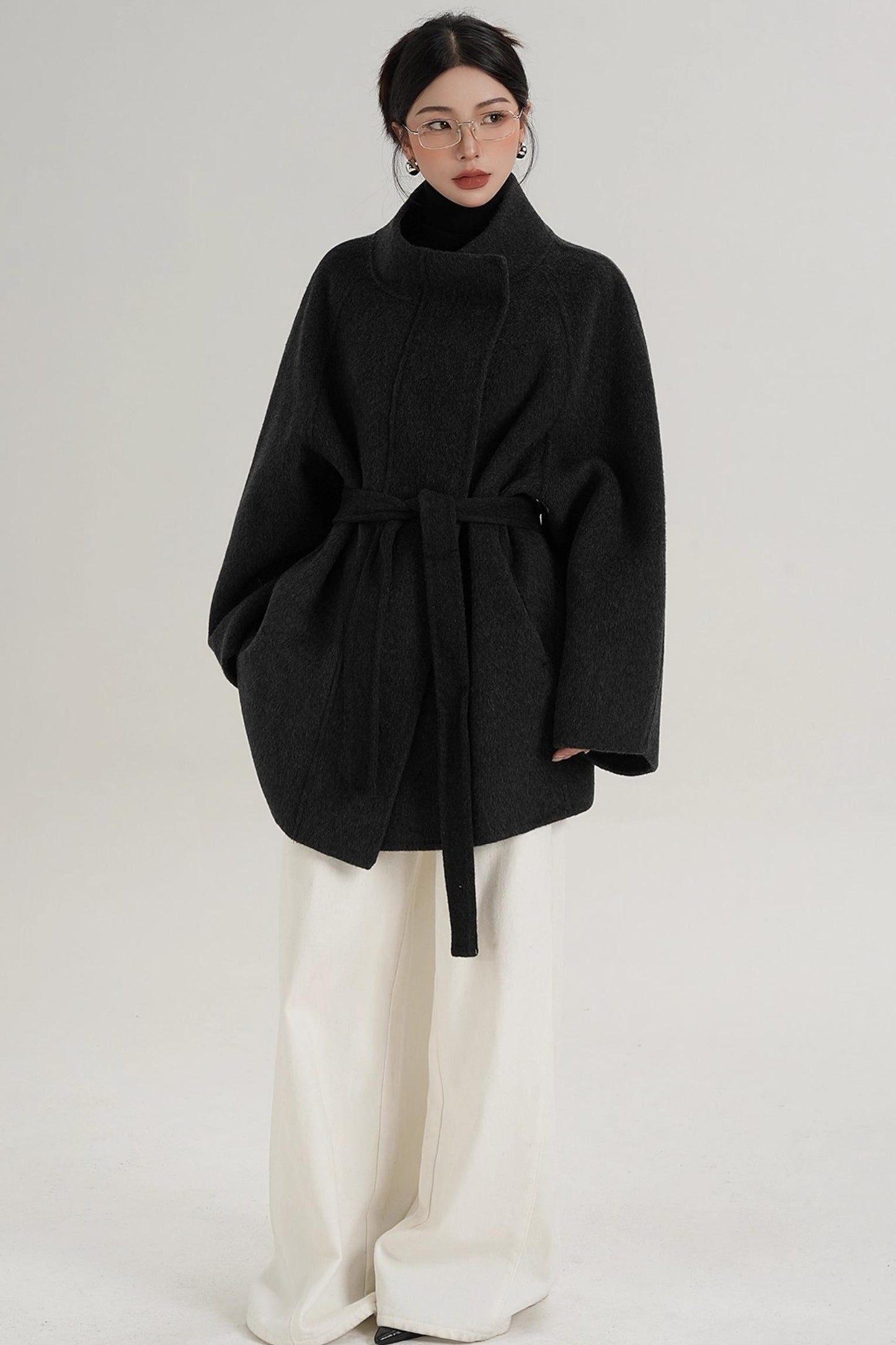 Elegant Woolen Lace-Up Coat