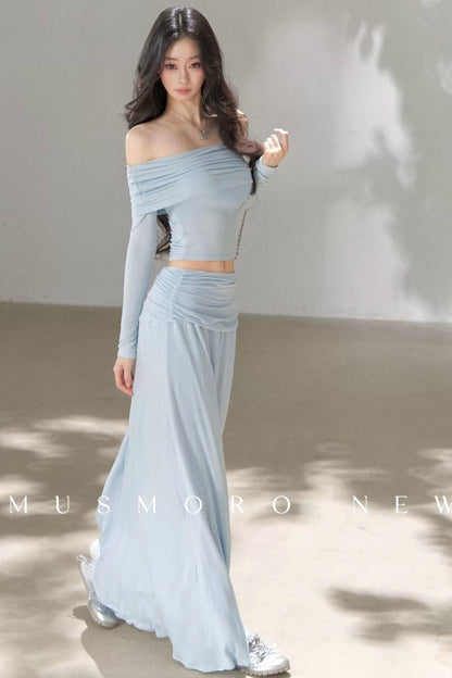 Pleated One-Shoulder Knit and Skirt Set-Up