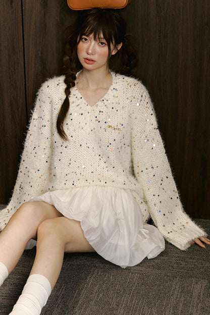Sequin V-Neck Pullover