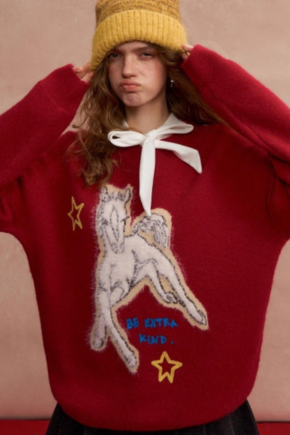 Jacquard Pony Crew Neck Sweater