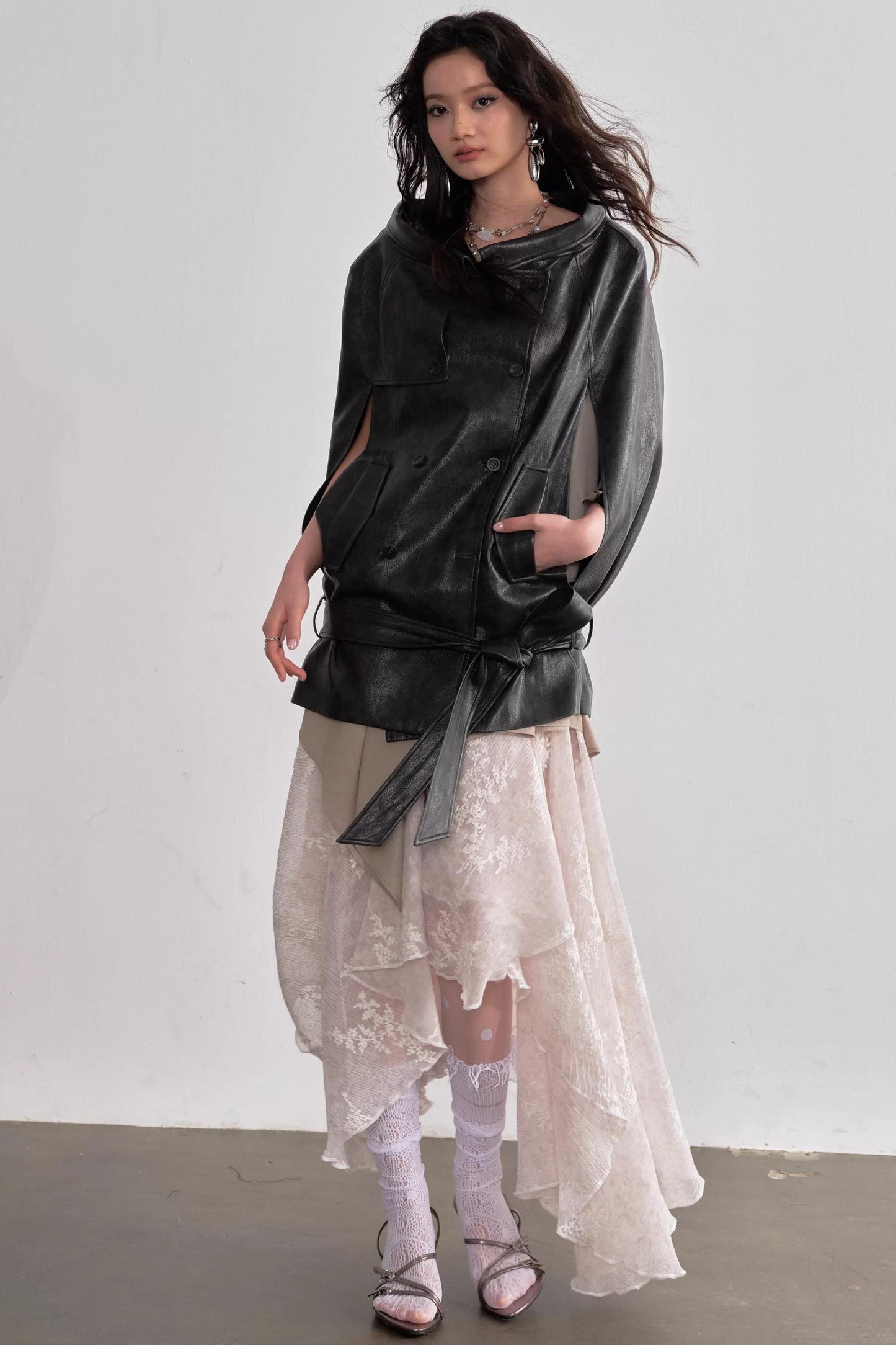 Ebony Brown Leather Cape Coat