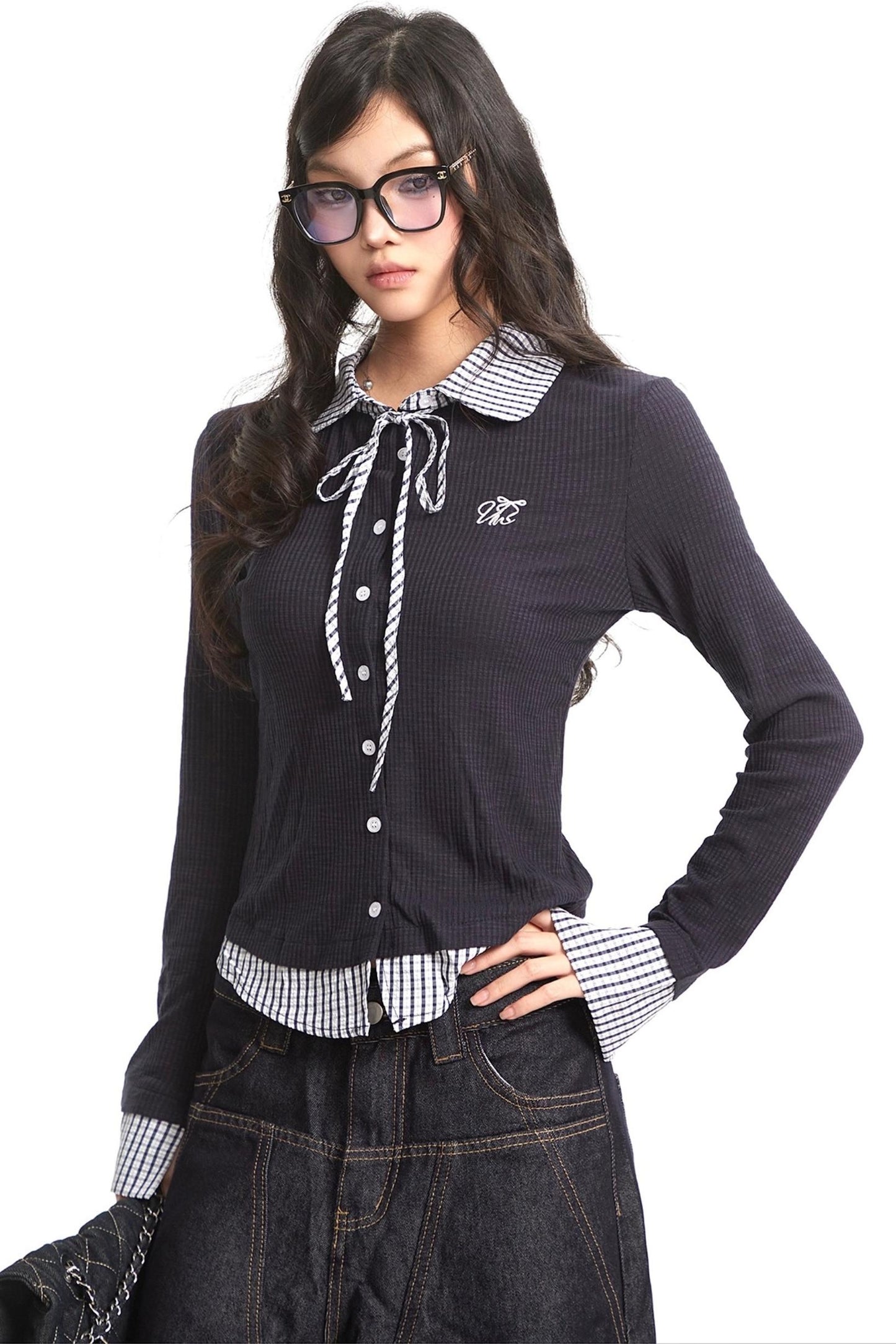 Navy Blue Plaid Knit Top