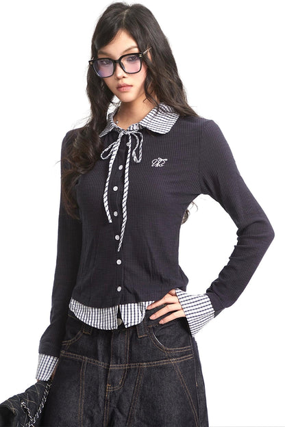 Navy Blue Plaid Knit Top