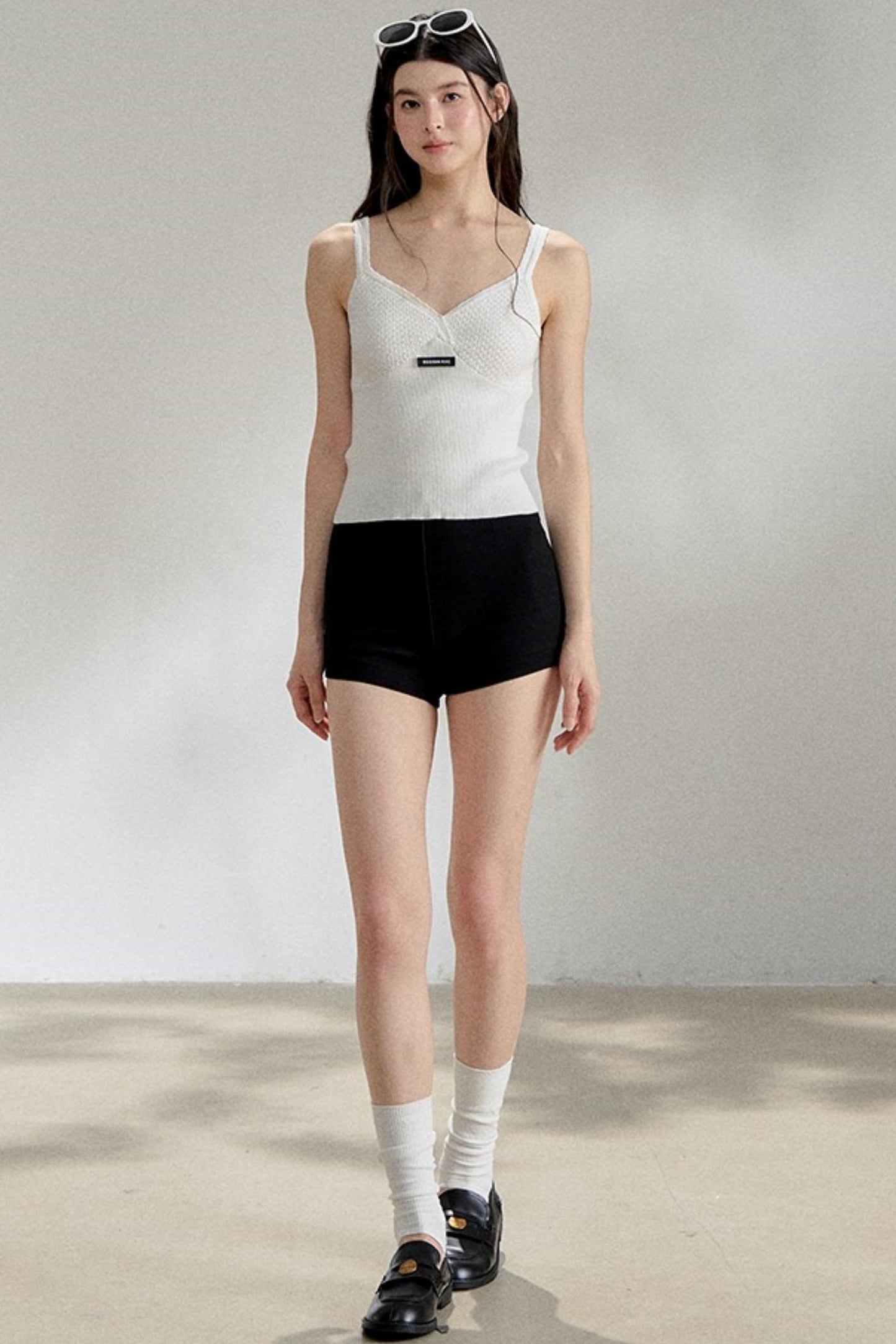 Textured White V-Neck Knitted Suspender Top