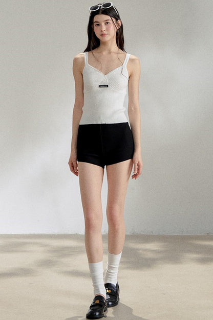 Textured White V-Neck Knitted Suspender Top