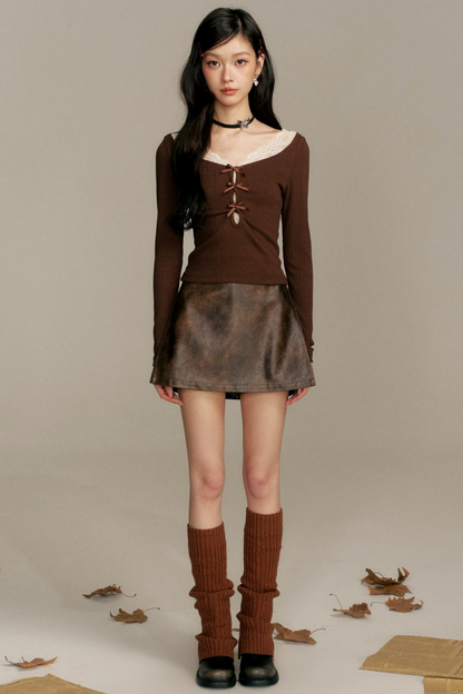 Caramel Lace Patchwork Skirt Pants Set-Up