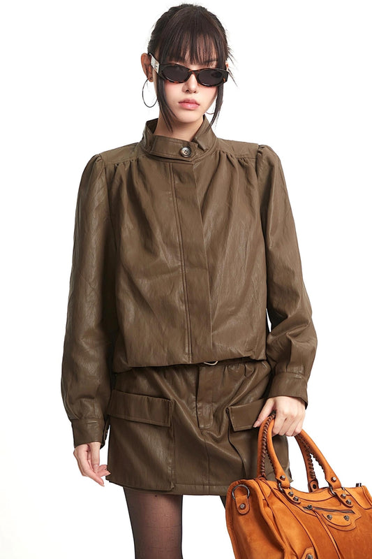 Korean Retro Pleated Leather Suit Set-Up