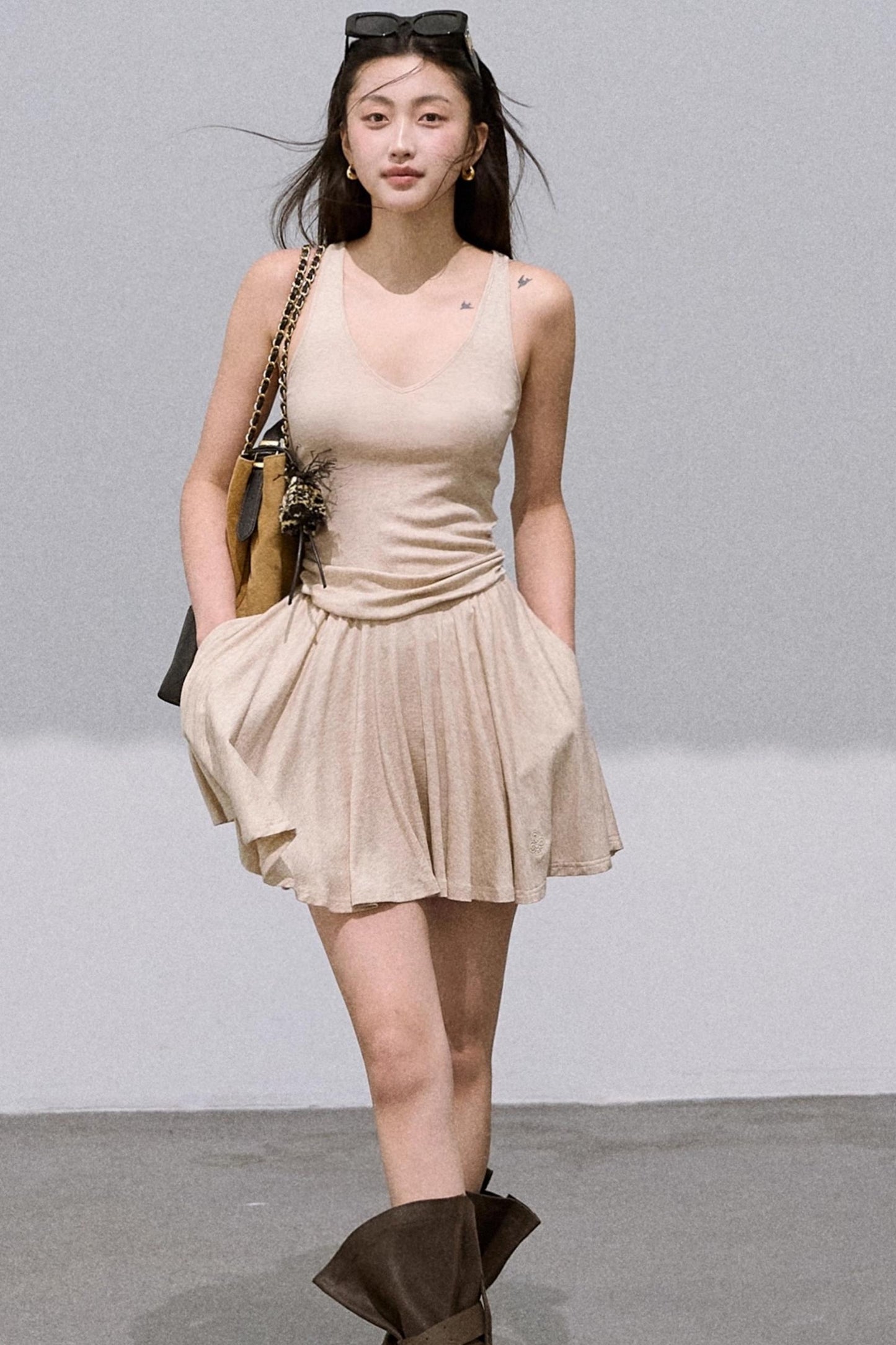 Tencel Knit Cardigan V-Neck Dress Set-Up