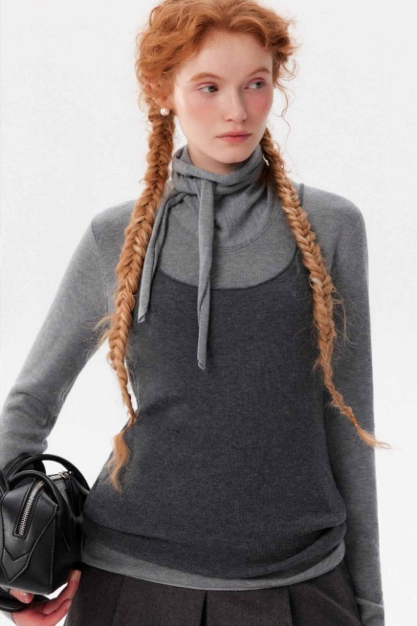 Gray Wool Scarf Collar Top Set-Up