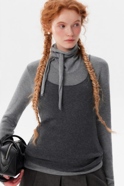 Gray Wool Scarf Collar Top Set-Up