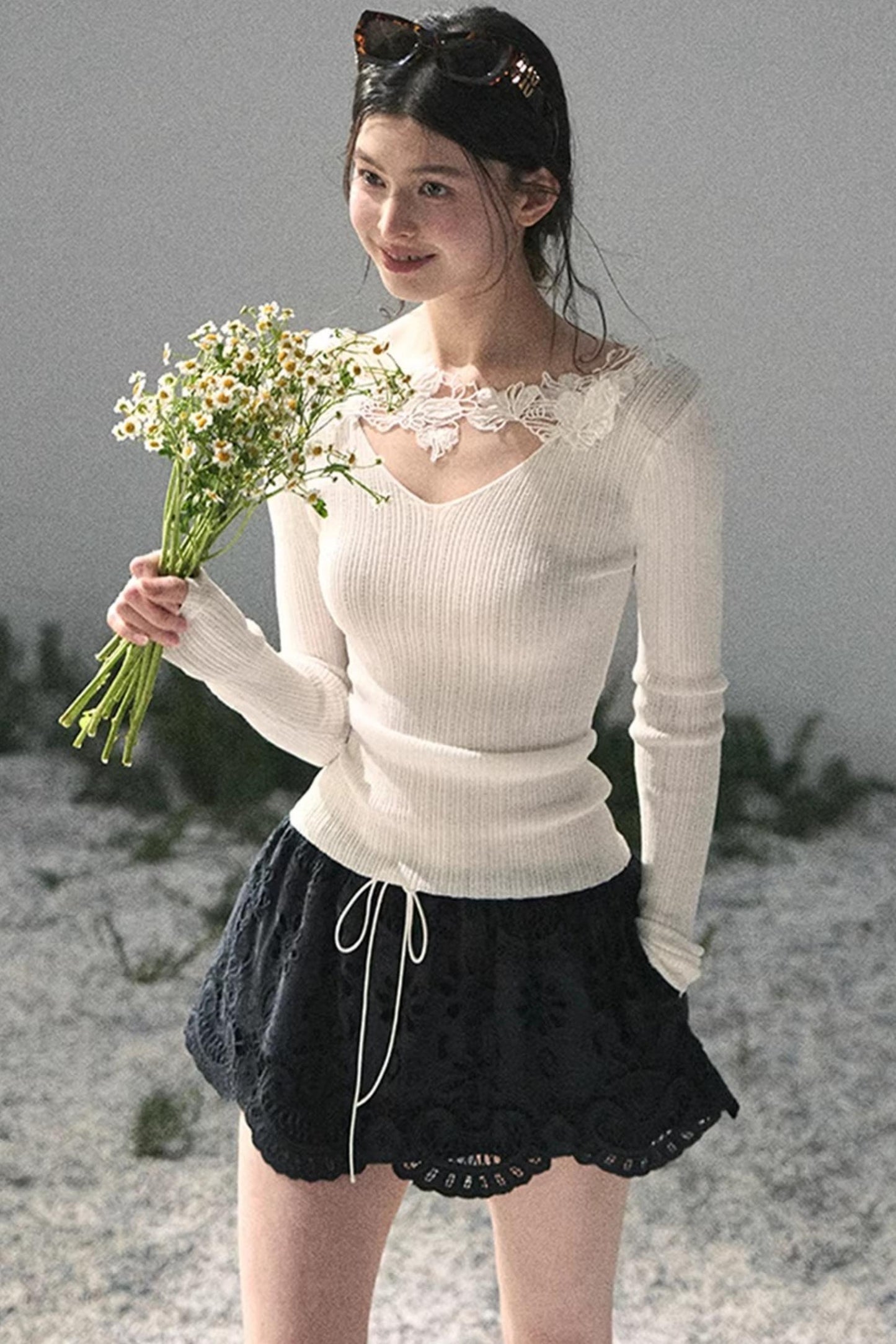 Lace-Trimmed Knitted Top