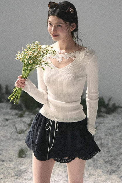 Lace-Trimmed Knitted Top