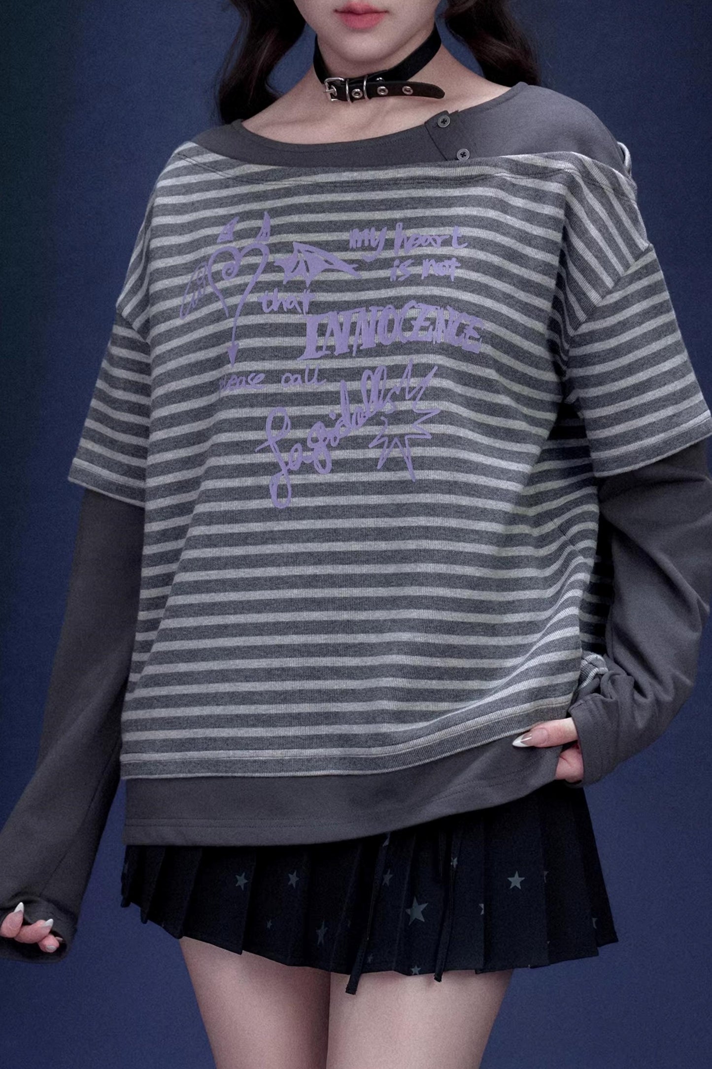 Dark Gray Striped Graffiti Print Top