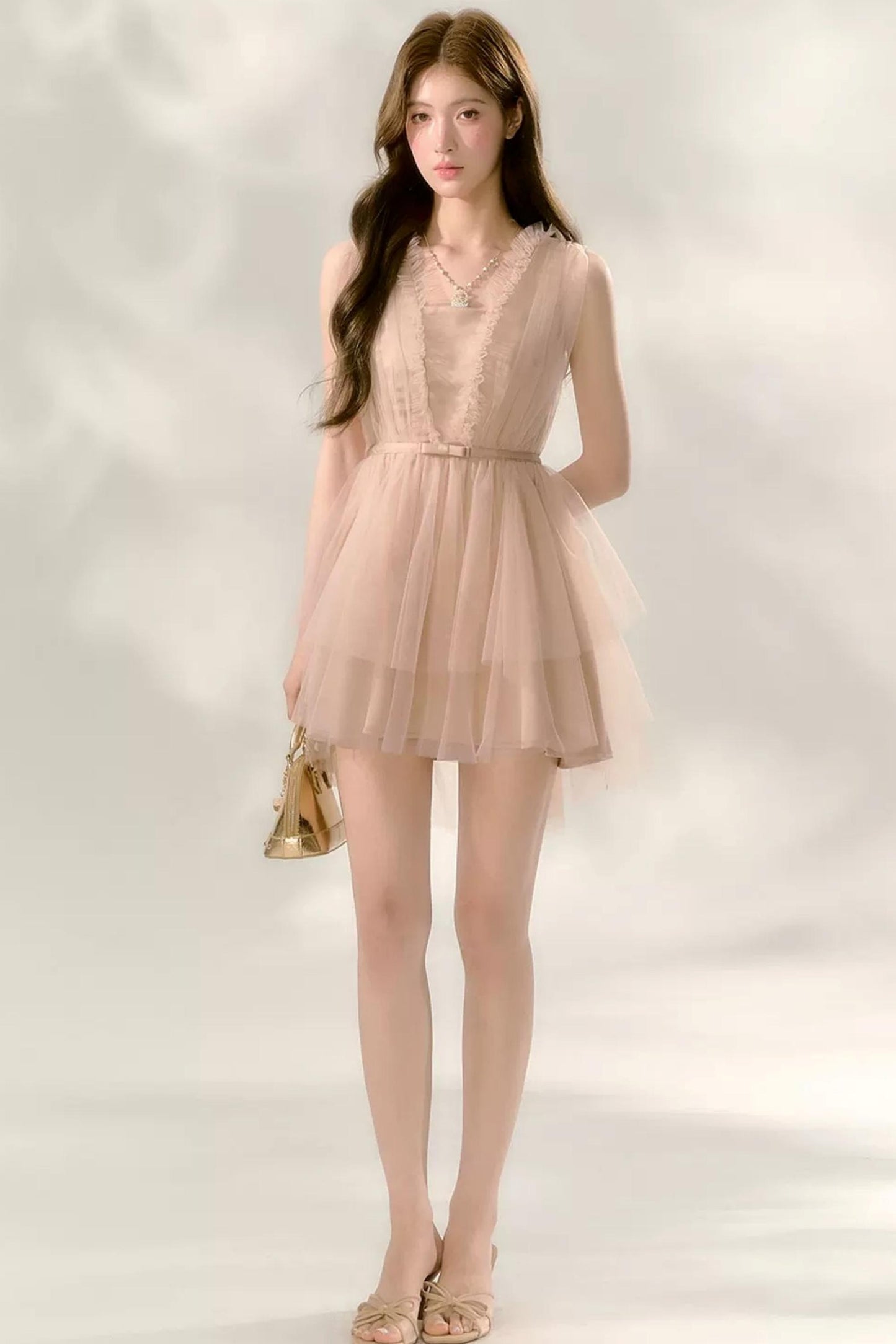 Nude Ballet Bow Lace Puffy Dress