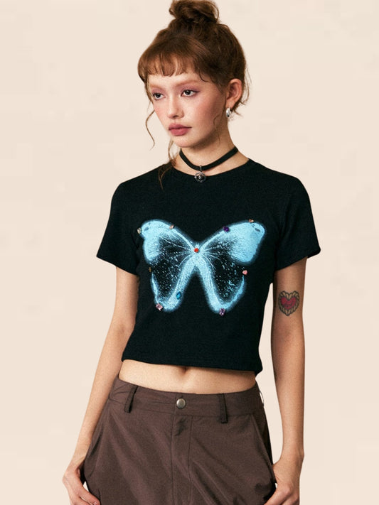 Schmetterlingsdruck T-Shirt mit kurzen Ärmeln