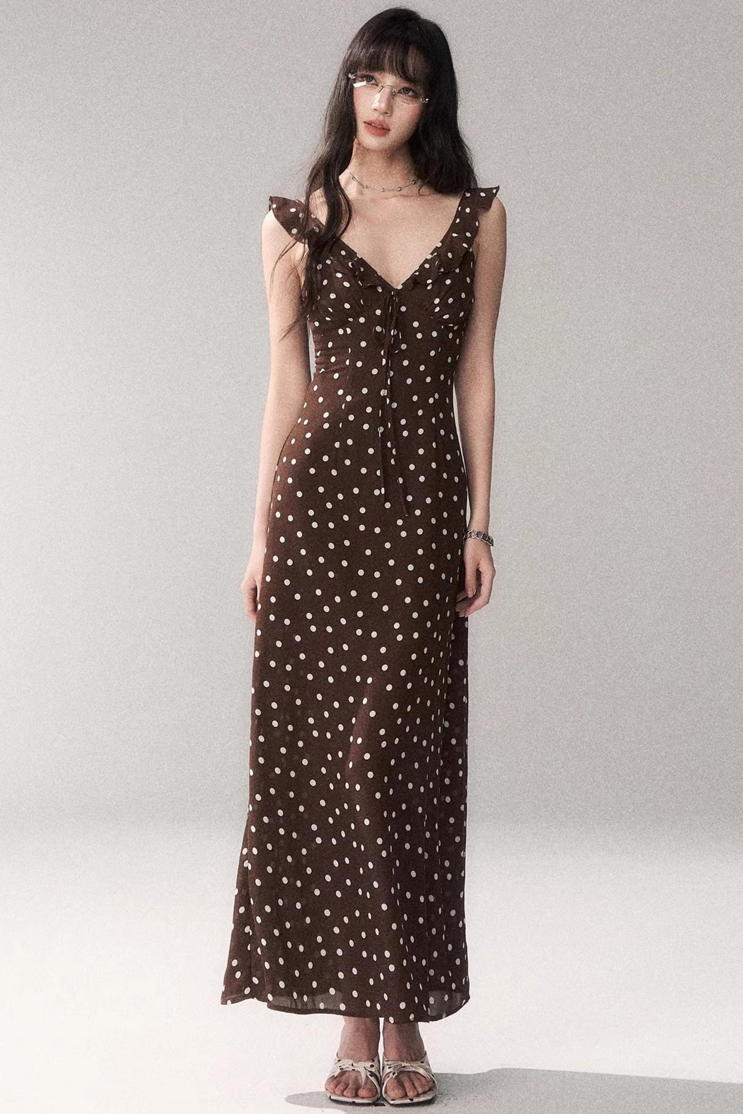 Brown Polka Dot Strap Dress