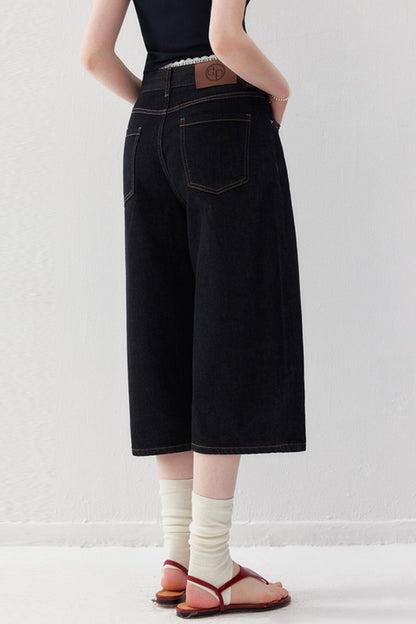 Lace-Detail Denim Culottes Pants