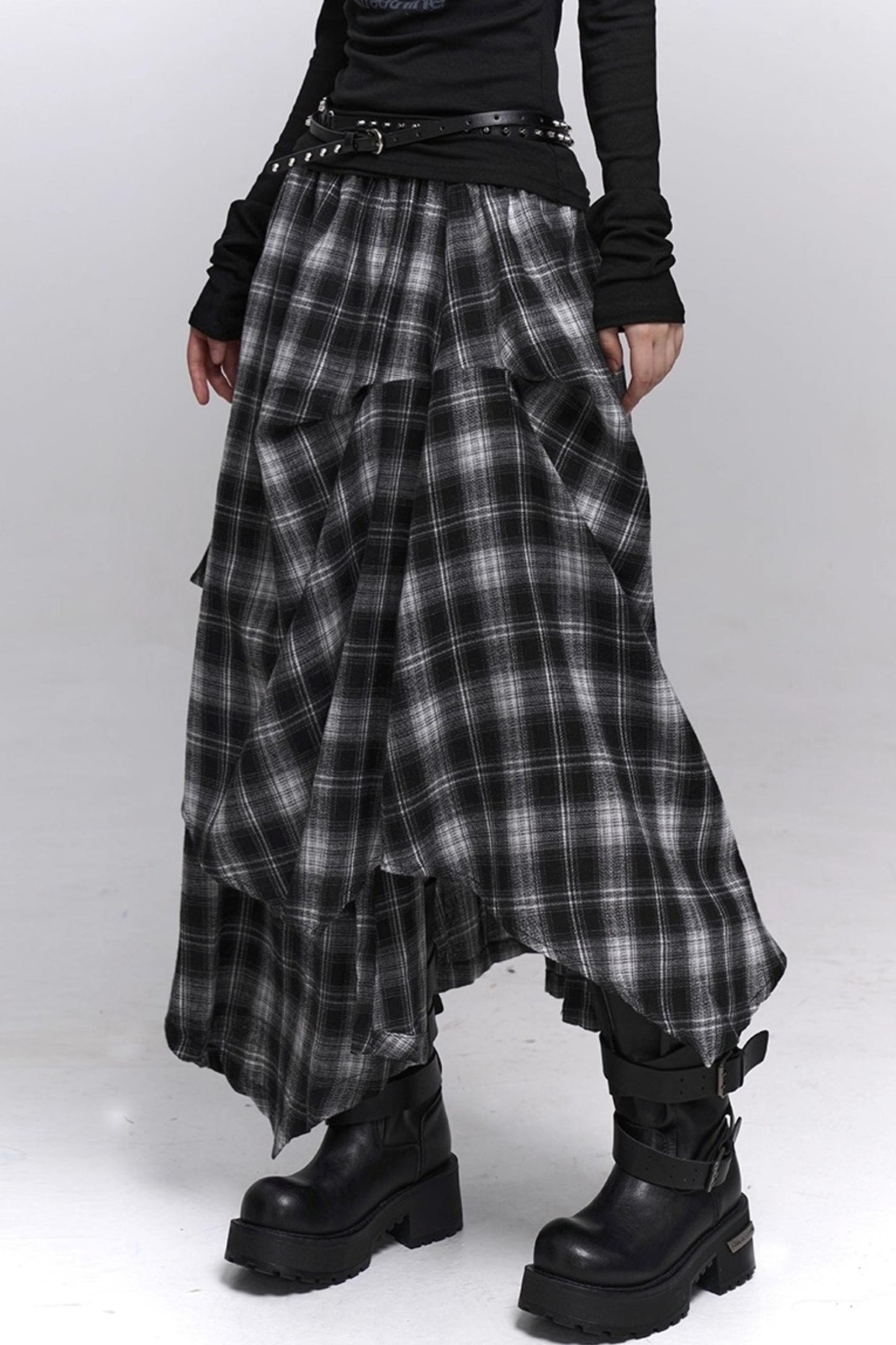 Gray Black Plaid Pleated Skirt
