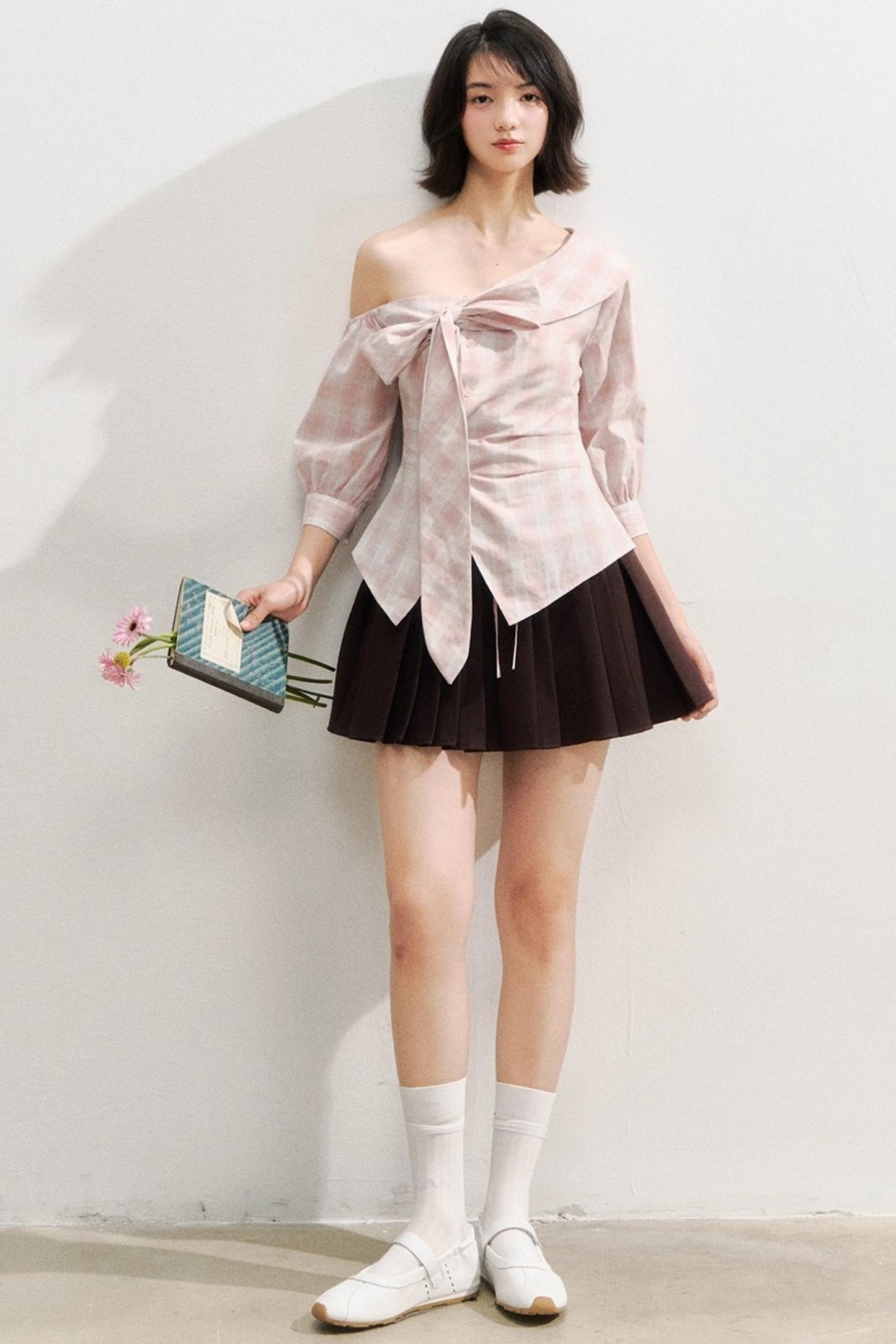 Plaid Bow One-Shoulder Waist Shirt