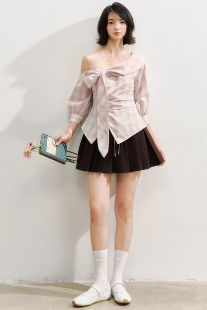 Plaid Bow One-Shoulder Waist Shirt