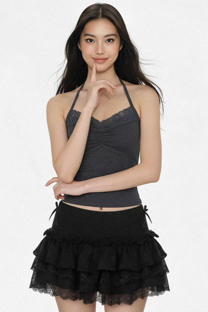 Dark Gray Lace Ruched Top