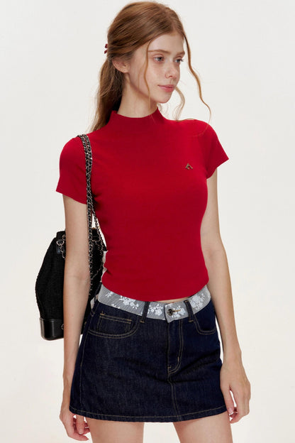 French Lace-panel A-line Denim Skirt