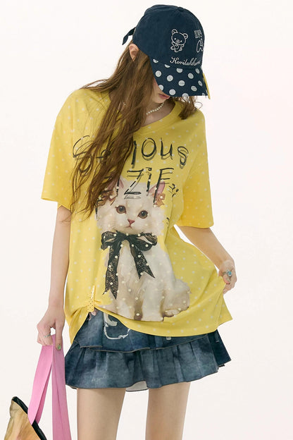 Yellow Cat Print Polka Dot T-Shirt
