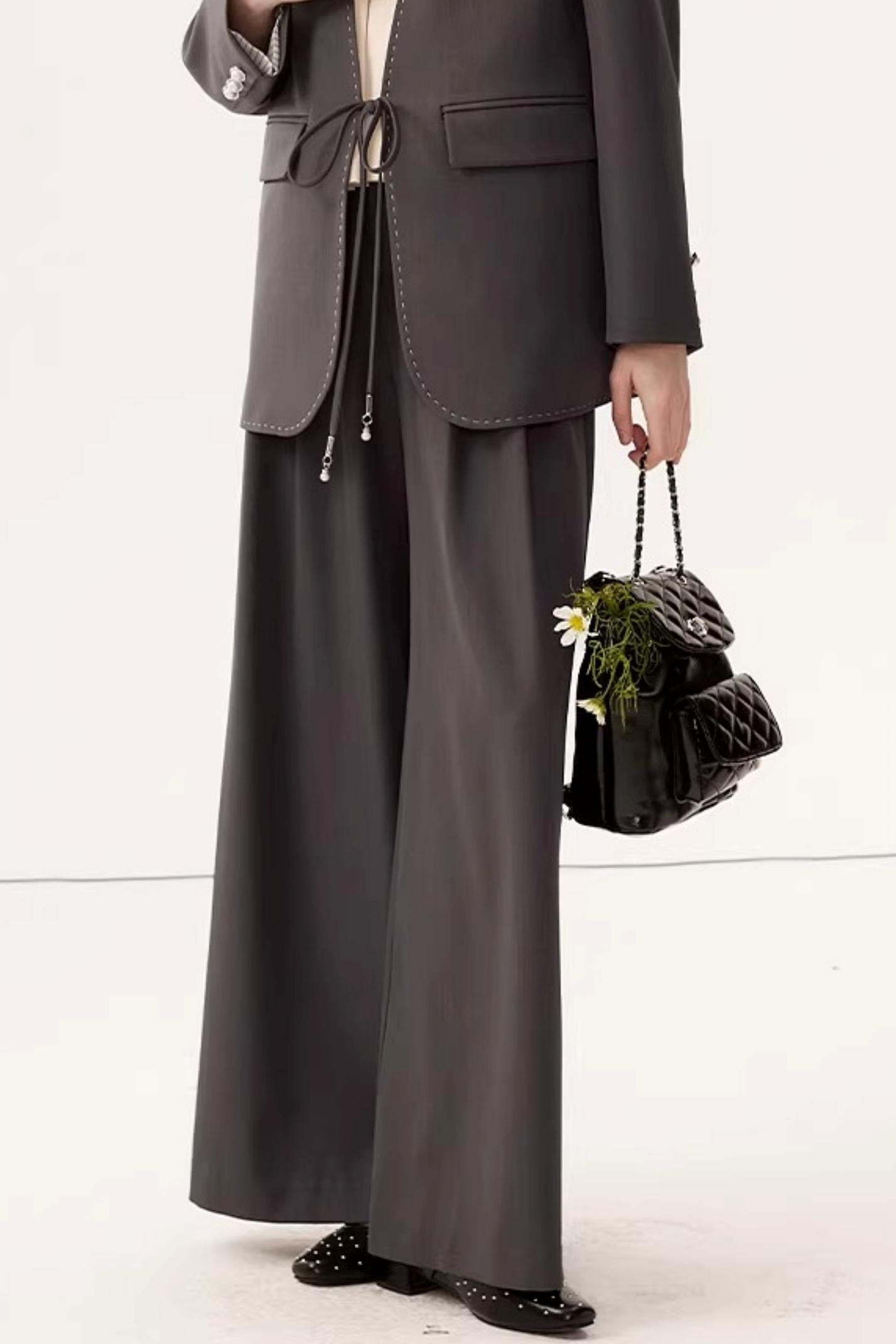 Gray High-Waisted Suit Pants