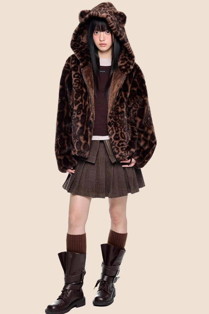 Leopard Print Hooded Furry Cotton Jacket