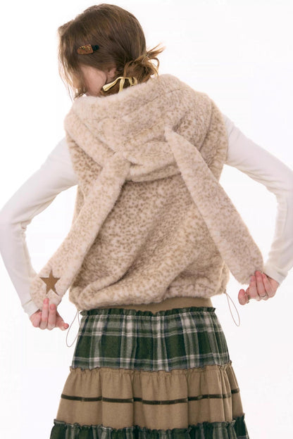 Black Leather Rabbit Hooded Vest Jacket