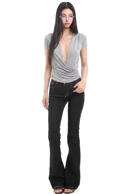 Gray Pleated V-Neck Top