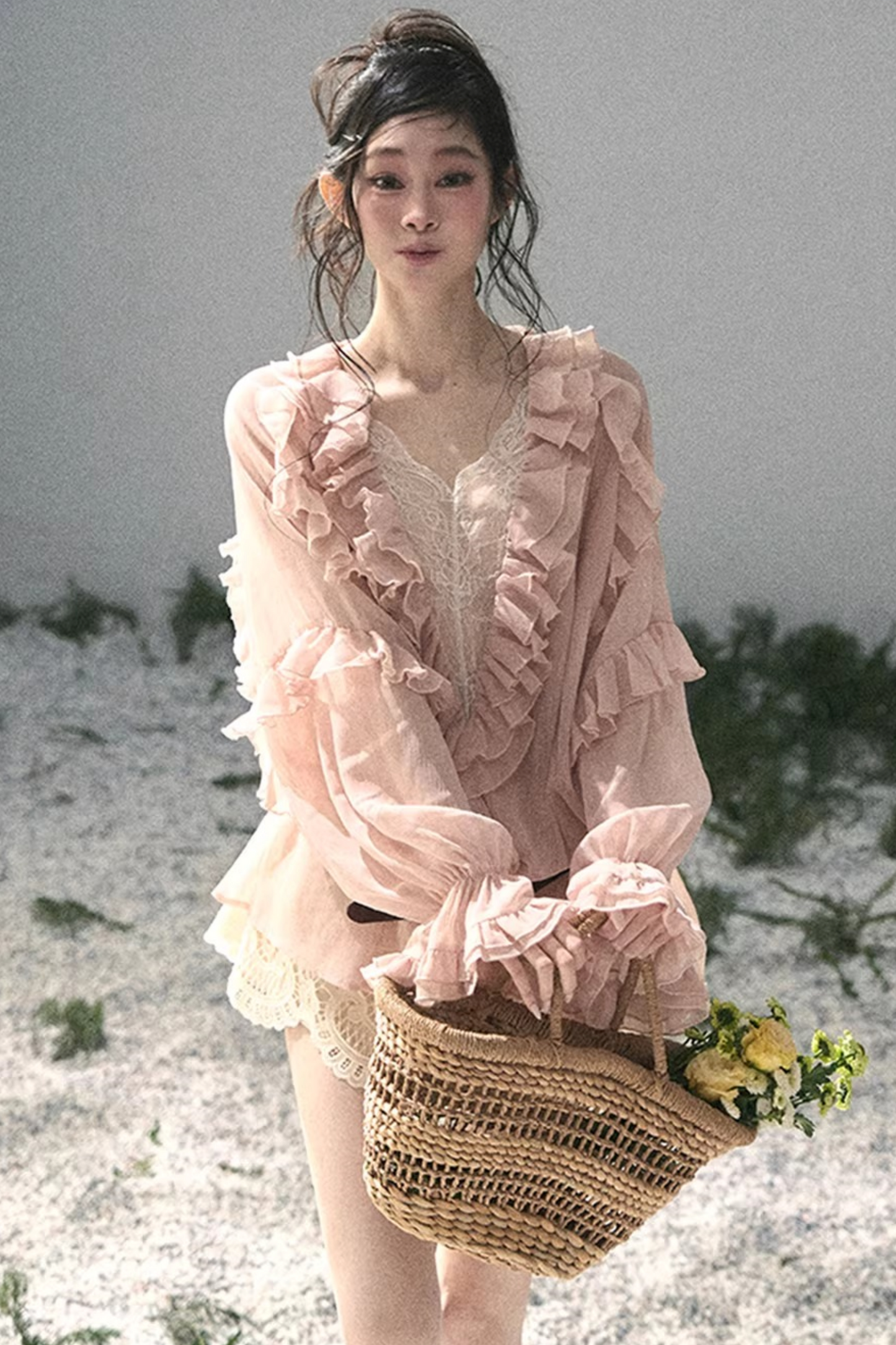 Ruffled Lace Chiffon Blouse