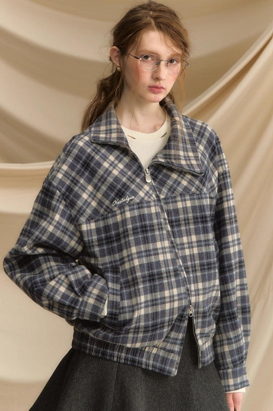 Vintage Plaid Diagonal Flight Jacket