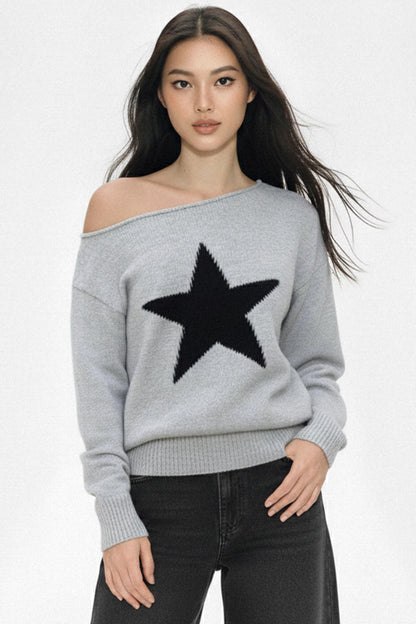 Contrasting Star Off-Shoulder Sweater