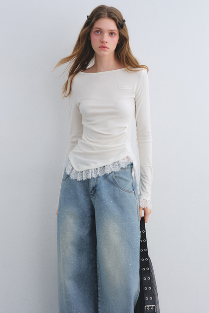 Spitzen-Patchwork-Taillierte Bluse