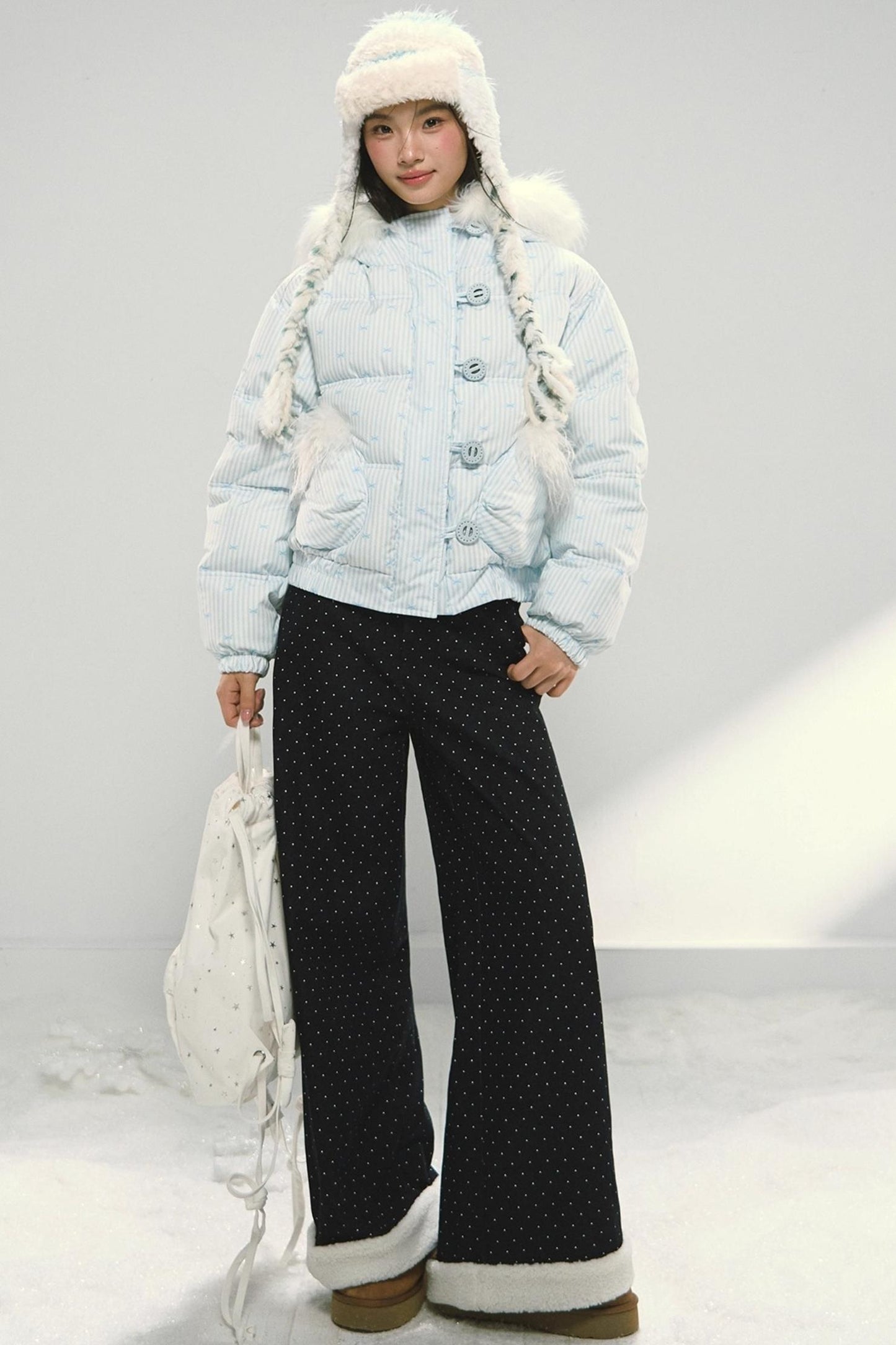 Dark Blue Polka Dot Patchwork Wide-Leg Jeans