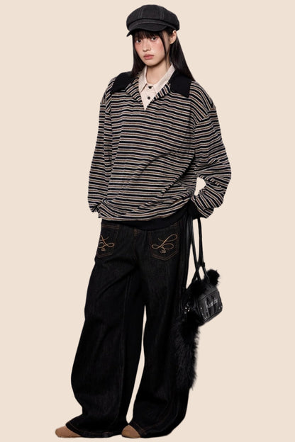 Striped Roll-neck Polo Shirt Top