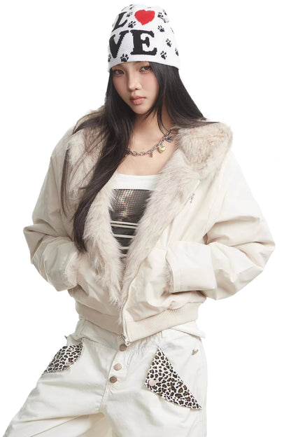 White Fleece-Lined Hooded Jacket