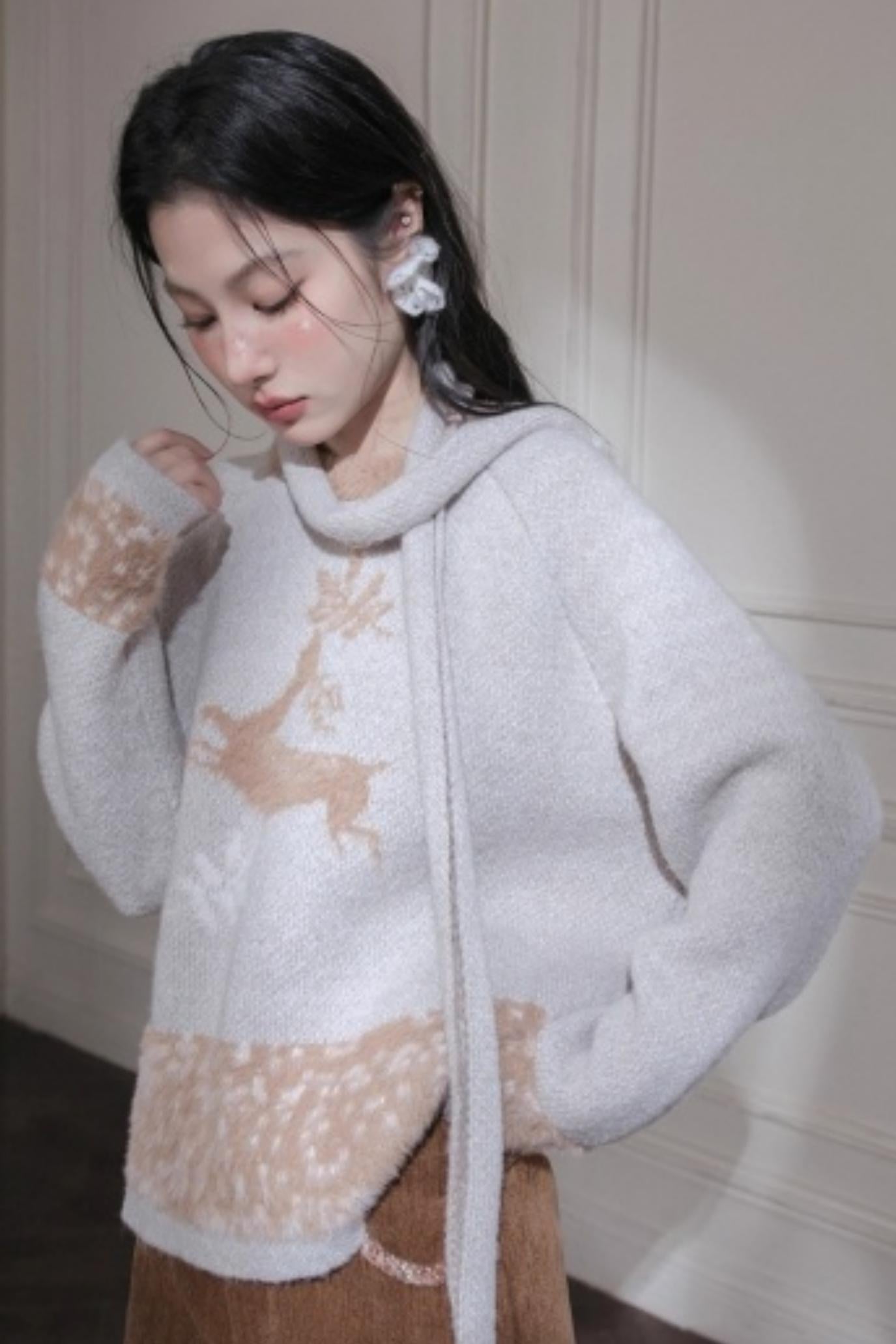Snow Deer Faux Mink Sweater Scarf Set